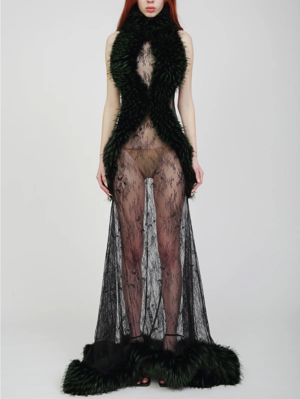 Kim Shui Valentina green black faux fur lace maxi